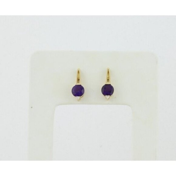 14k Yellow Gold Natural Amethyst & Diamond Earrings Stud Post - Picture 3 of 8